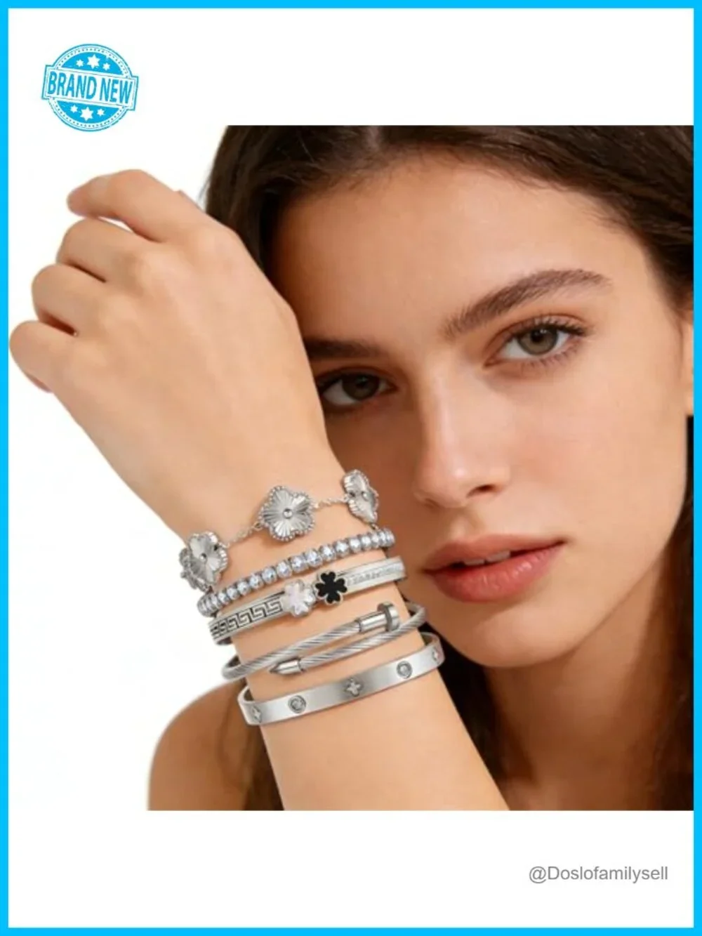 Stackable Bangle Bracelets Set Stainless Steel Non Tarnish Clover Charm